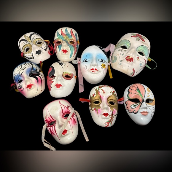 Vintage Lot Of Nine Porcelain Ceramic Hand Painted Face Masks - Picture 1 of 4